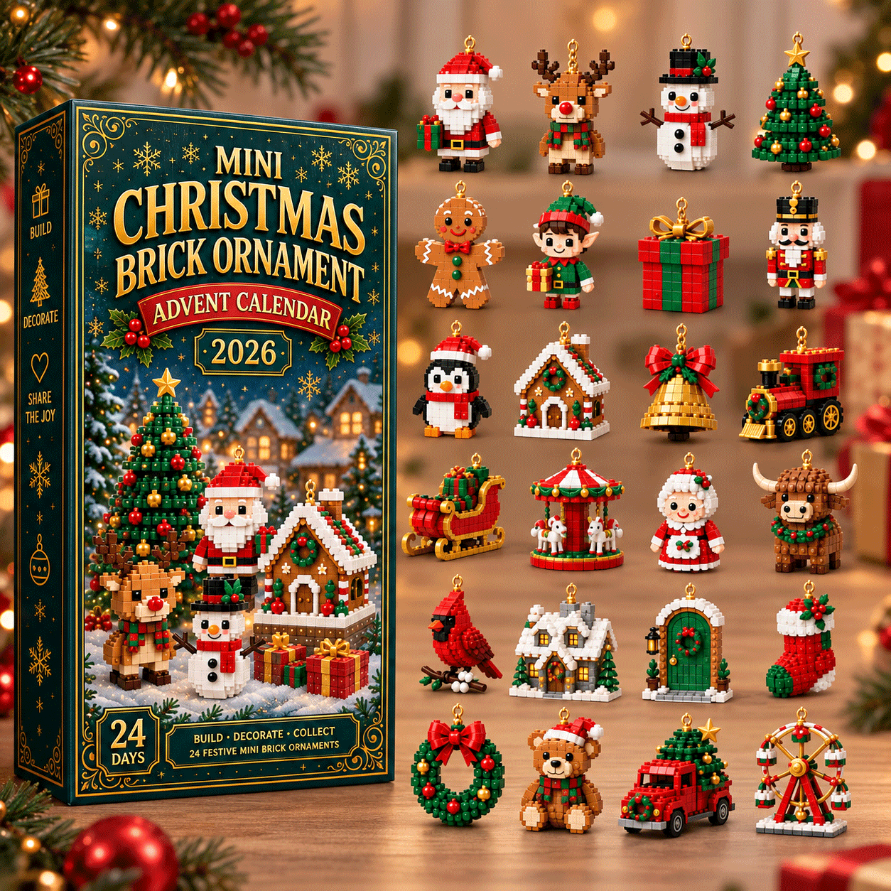 Christmas Ornament Advent Calendar with 24 Mini Building Sets for Holiday Decoration