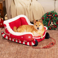 Christmas Sleigh Dog Bed with Plush Crystal Velvet and Non-Slip Bottom