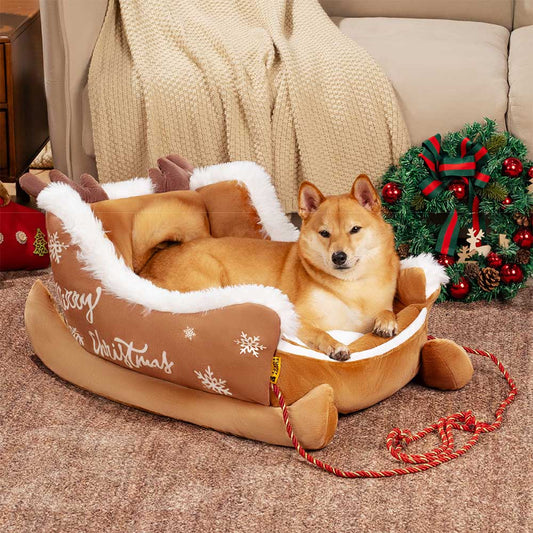 Christmas Sleigh Dog Bed with Plush Crystal Velvet and Non-Slip Bottom