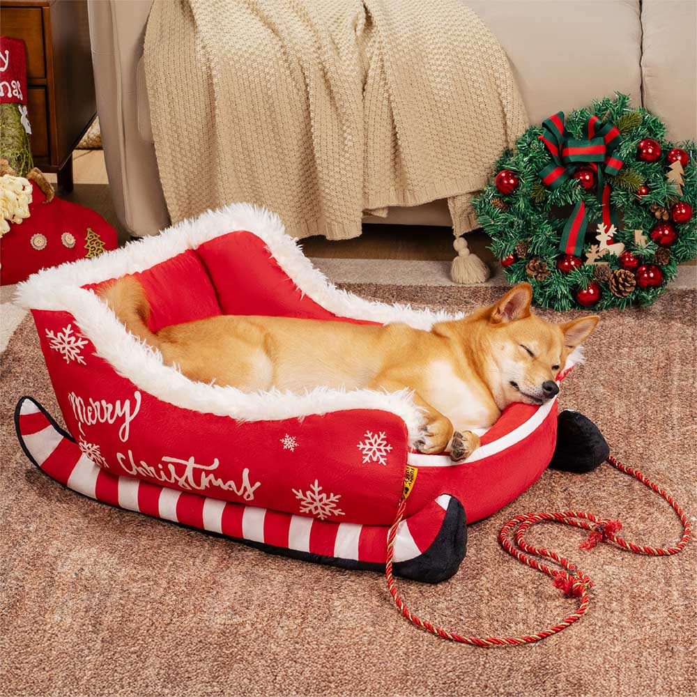 Christmas Sleigh Dog Bed with Plush Crystal Velvet and Non-Slip Bottom