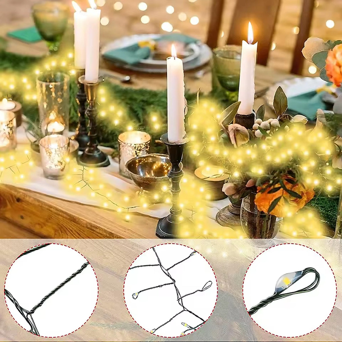 Christmas Tree Cluster Lights - LED String Lights with Green Wire and Remote Control