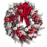 Christmas Wreath with Baubles - Snowy Door Decoration with Red Bow
