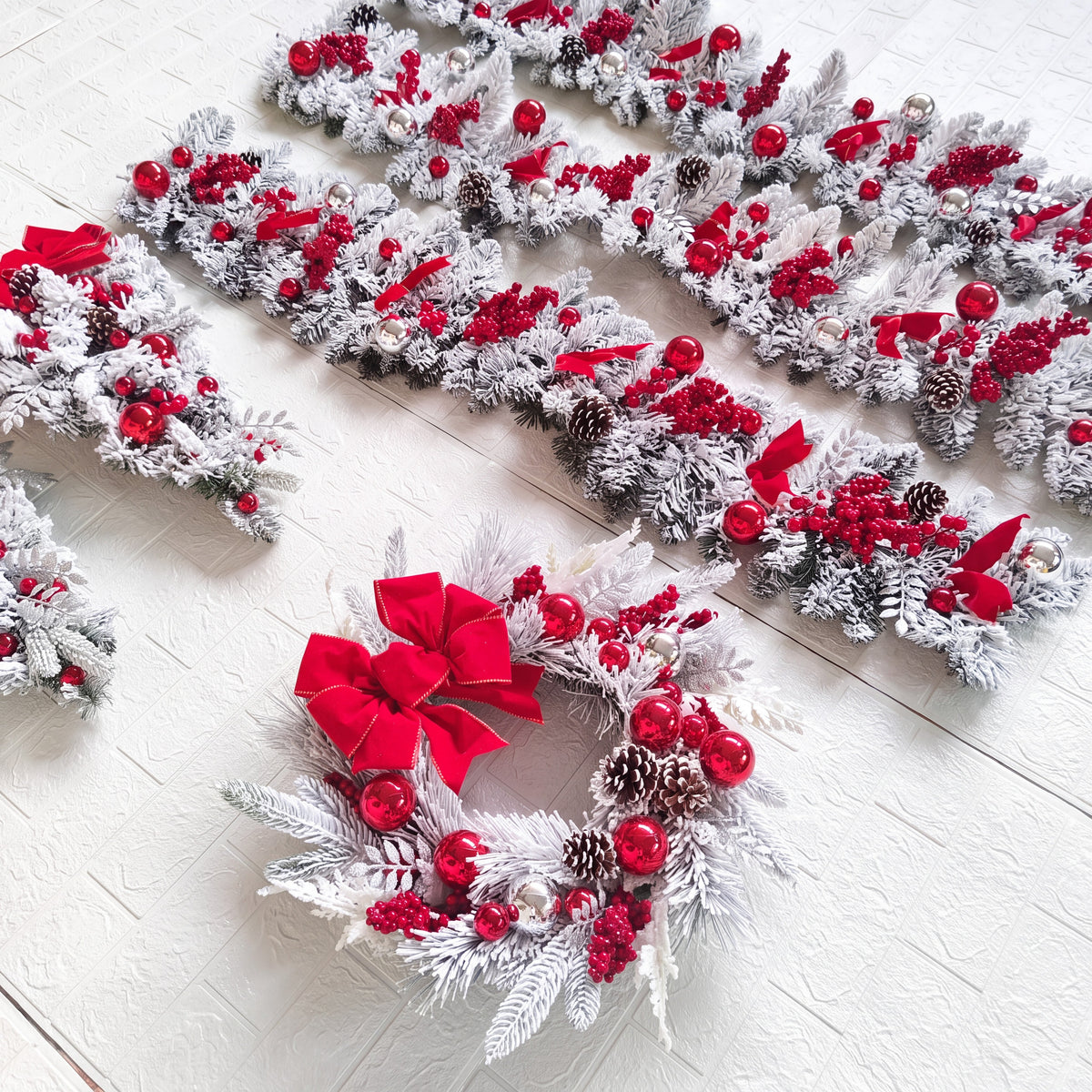 Christmas Wreath with Baubles - Snowy Door Decoration with Red Bow