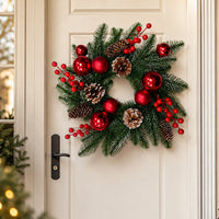 Christmas Wreath with Red Baubles, Berries and Pinecones