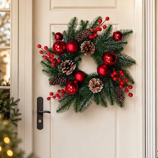 Christmas Wreath with Red Baubles, Berries and Pinecones