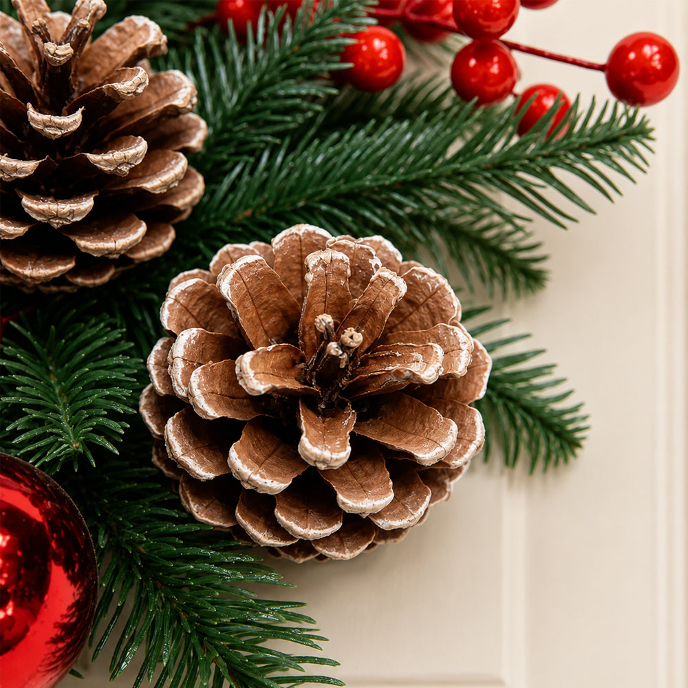 Christmas Wreath with Red Baubles, Berries and Pinecones