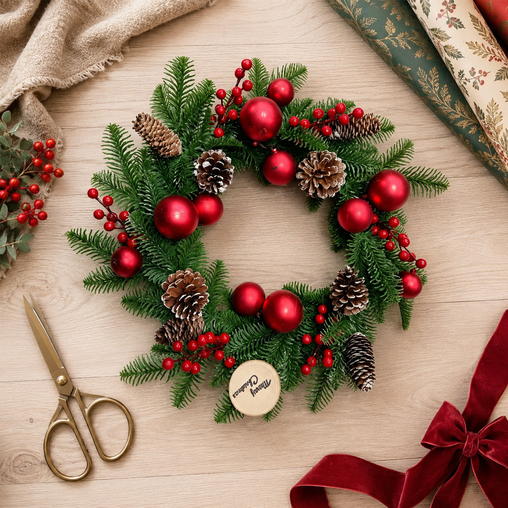 Christmas Wreath with Red Baubles, Berries and Pinecones
