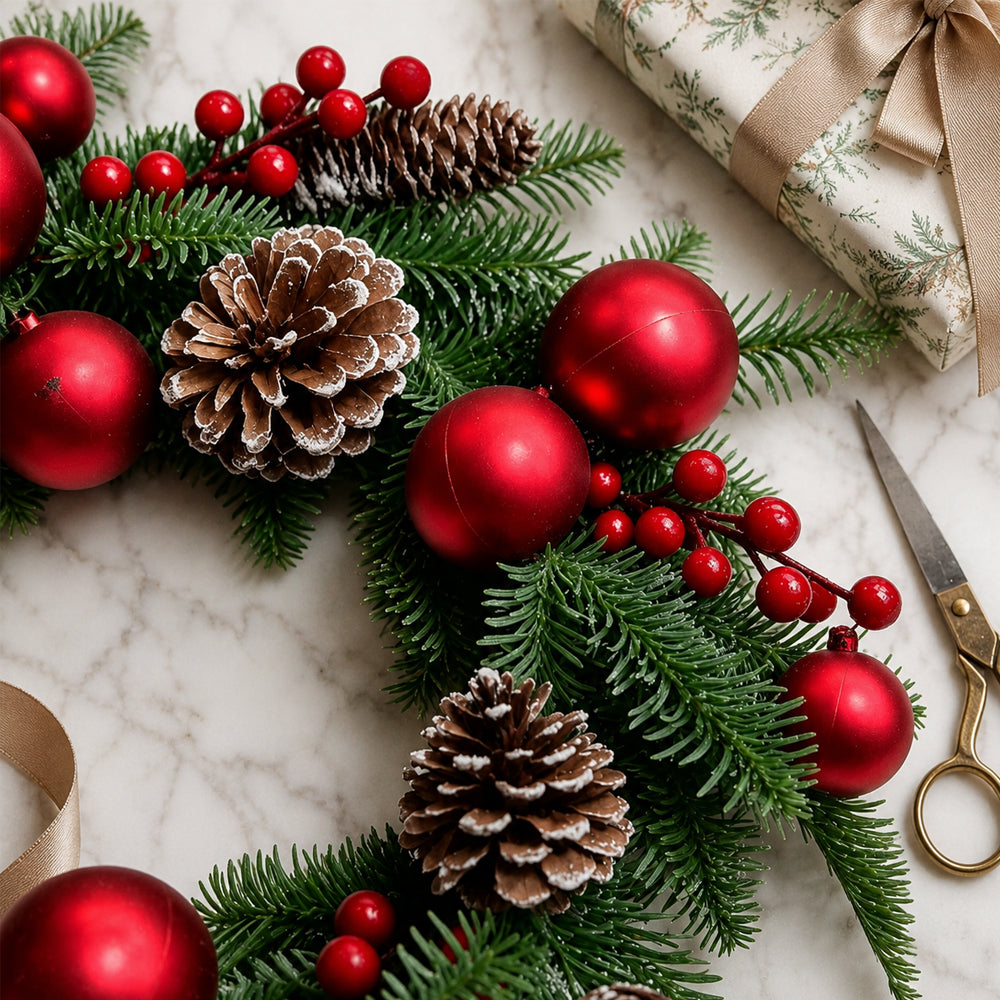 Christmas Wreath with Red Baubles, Berries and Pinecones
