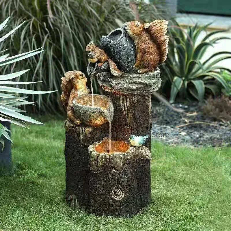 Niropi | Lunaverde Solar Deco Fountain Duck & Squirrel | Garden Figure with LED Light | Weatherproof Resin | For Terrace & Balcony