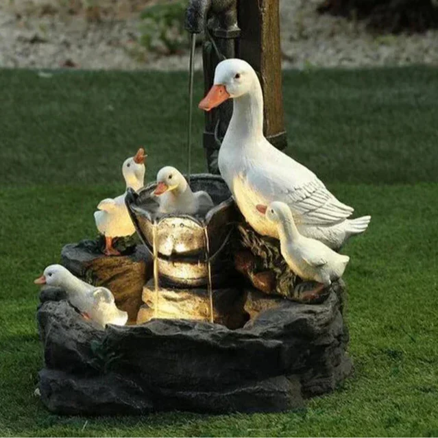 Niropi | Lunaverde Solar Deco Fountain Duck & Squirrel | Garden Figure with LED Light | Weatherproof Resin | For Terrace & Balcony