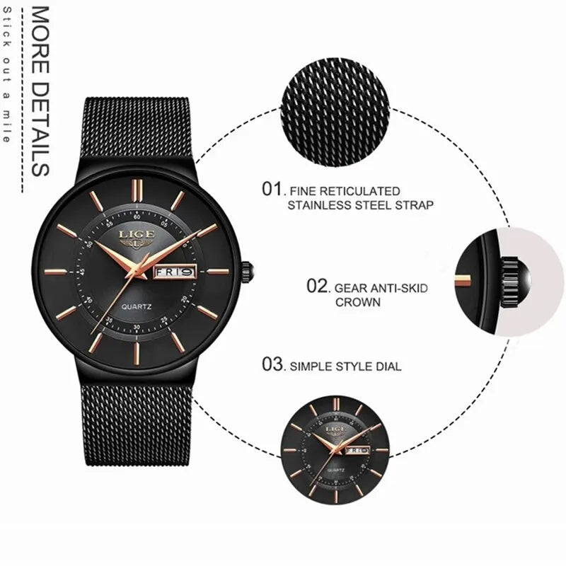Niropi | Luxury Men’s Ultra-Thin Waterproof Stainless Steel Quartz Watch – Elegant Date Display Sports Wristwatch