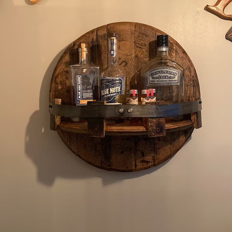 Niropi | Whiskey Barrel Wall Shelf | Rustic Solid Wood Design | Round