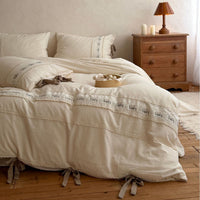 Cotton Bedding Set with Floral Embroidery and Lace Trim