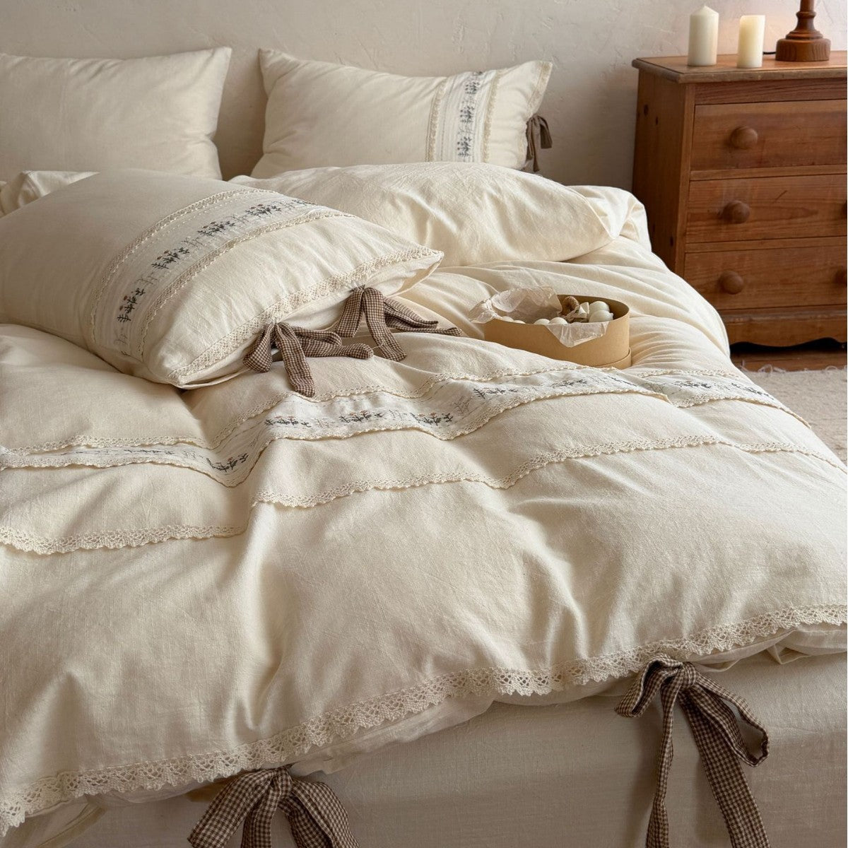 Cotton Bedding Set with Floral Embroidery and Lace Trim