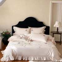 Cotton Sateen Bedding Set with Frill Ruffle, Delicate Floral Embroidery and Pillowcases