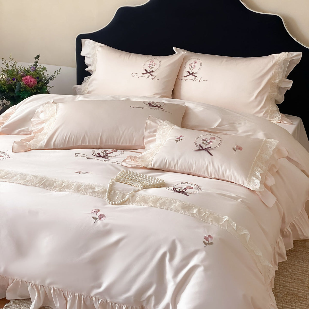 Cotton Sateen Bedding Set with Frill Ruffle, Delicate Floral Embroidery and Pillowcases