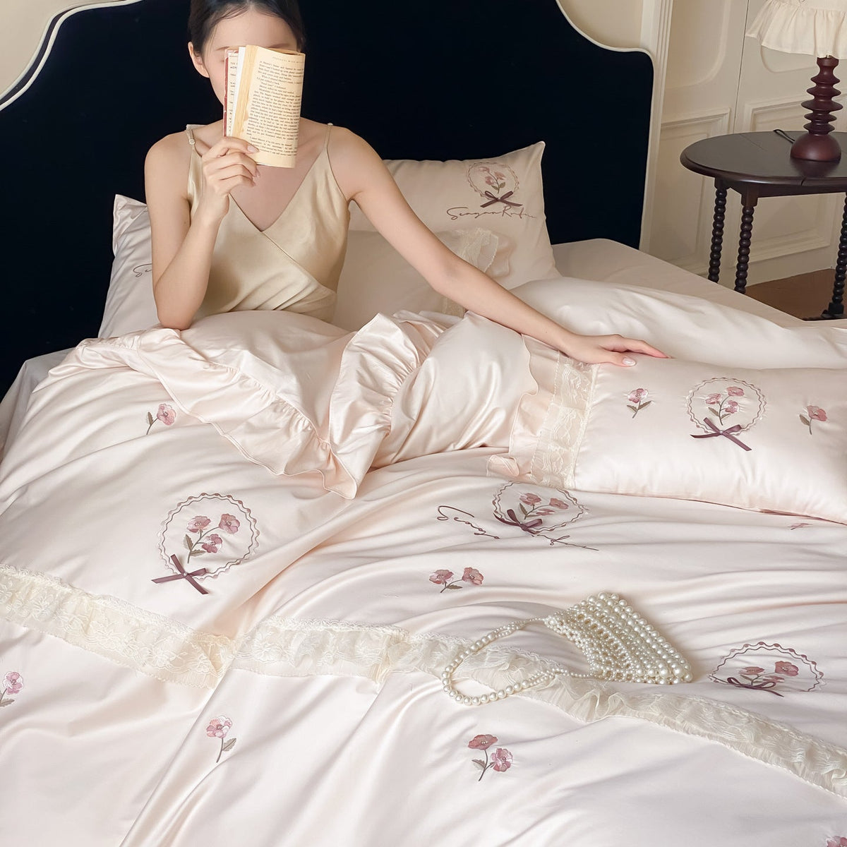 Cotton Sateen Bedding Set with Frill Ruffle, Delicate Floral Embroidery and Pillowcases