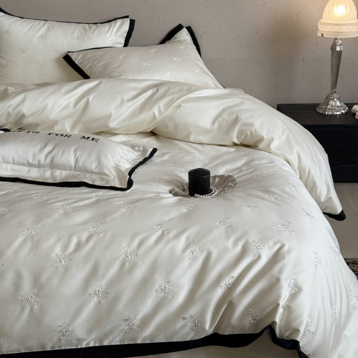 Cotton Sateen Bedding Set with Tone-on-Tone Floral Embroidery and Contrast Piping