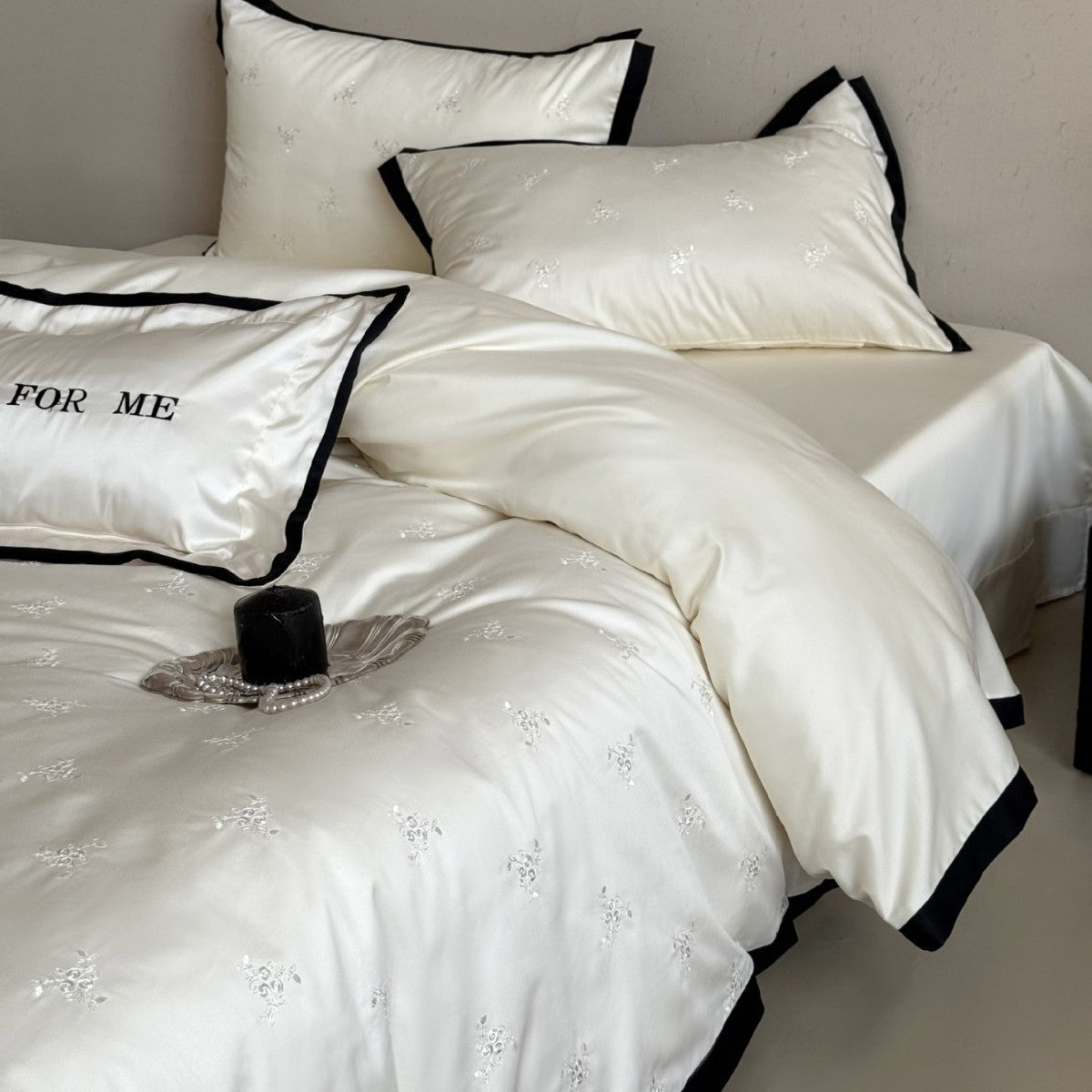 Cotton Sateen Bedding Set with Tone-on-Tone Floral Embroidery and Contrast Piping