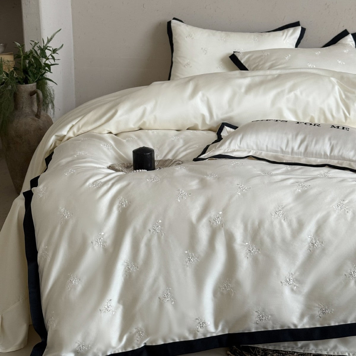 Cotton Sateen Bedding Set with Tone-on-Tone Floral Embroidery and Contrast Piping
