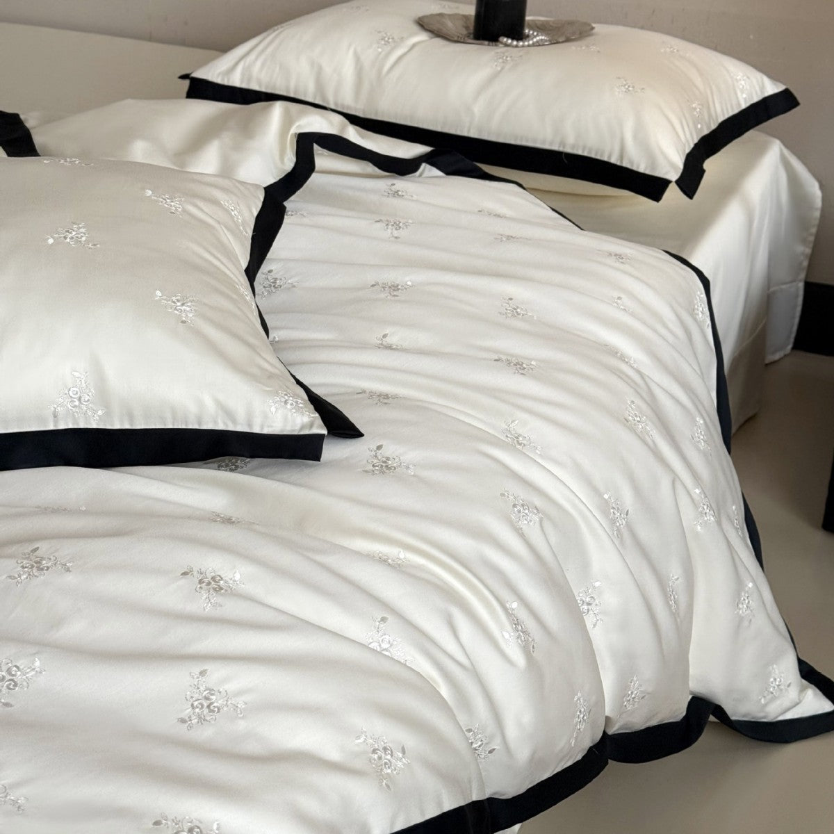 Cotton Sateen Bedding Set with Tone-on-Tone Floral Embroidery and Contrast Piping