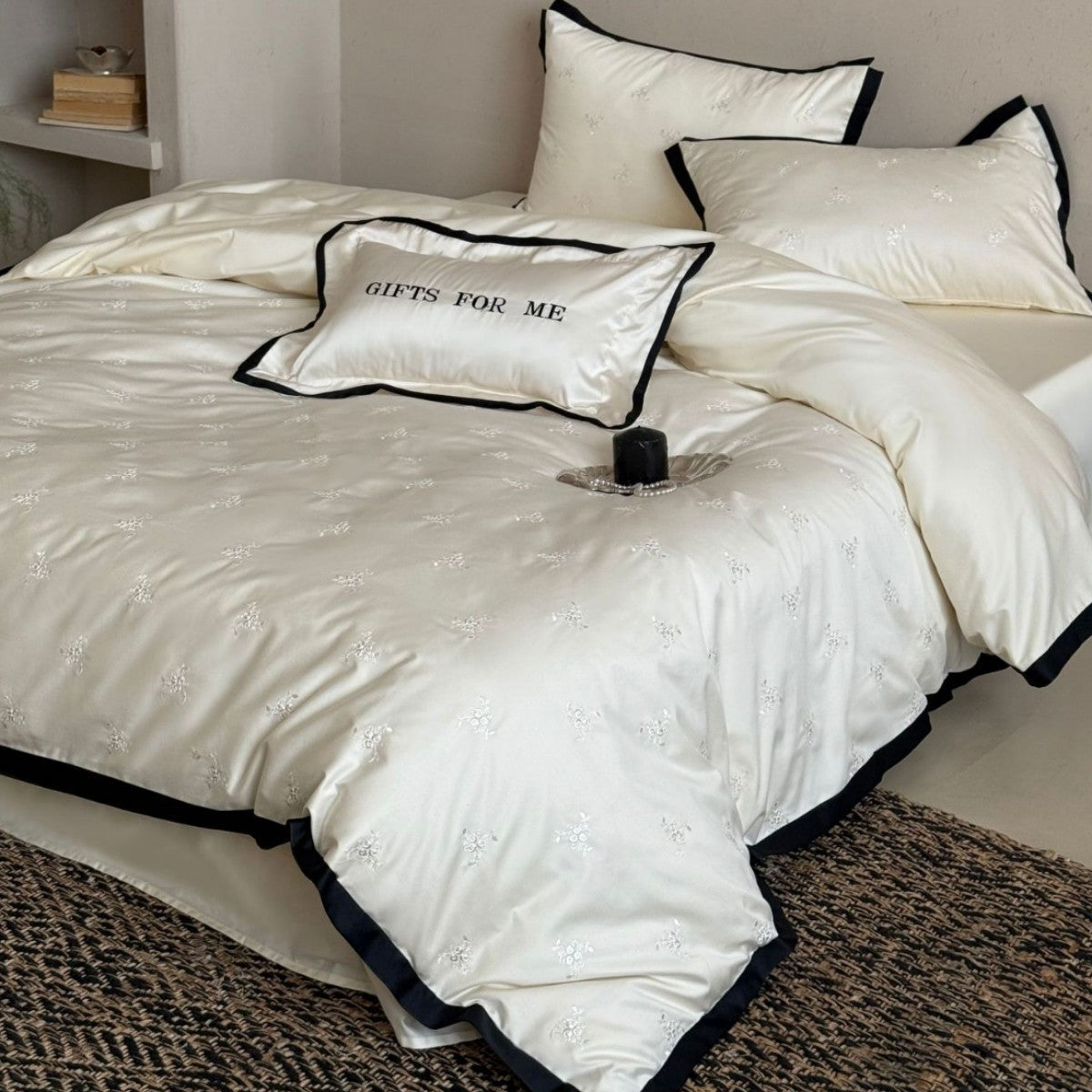 Cotton Sateen Bedding Set with Tone-on-Tone Floral Embroidery and Contrast Piping