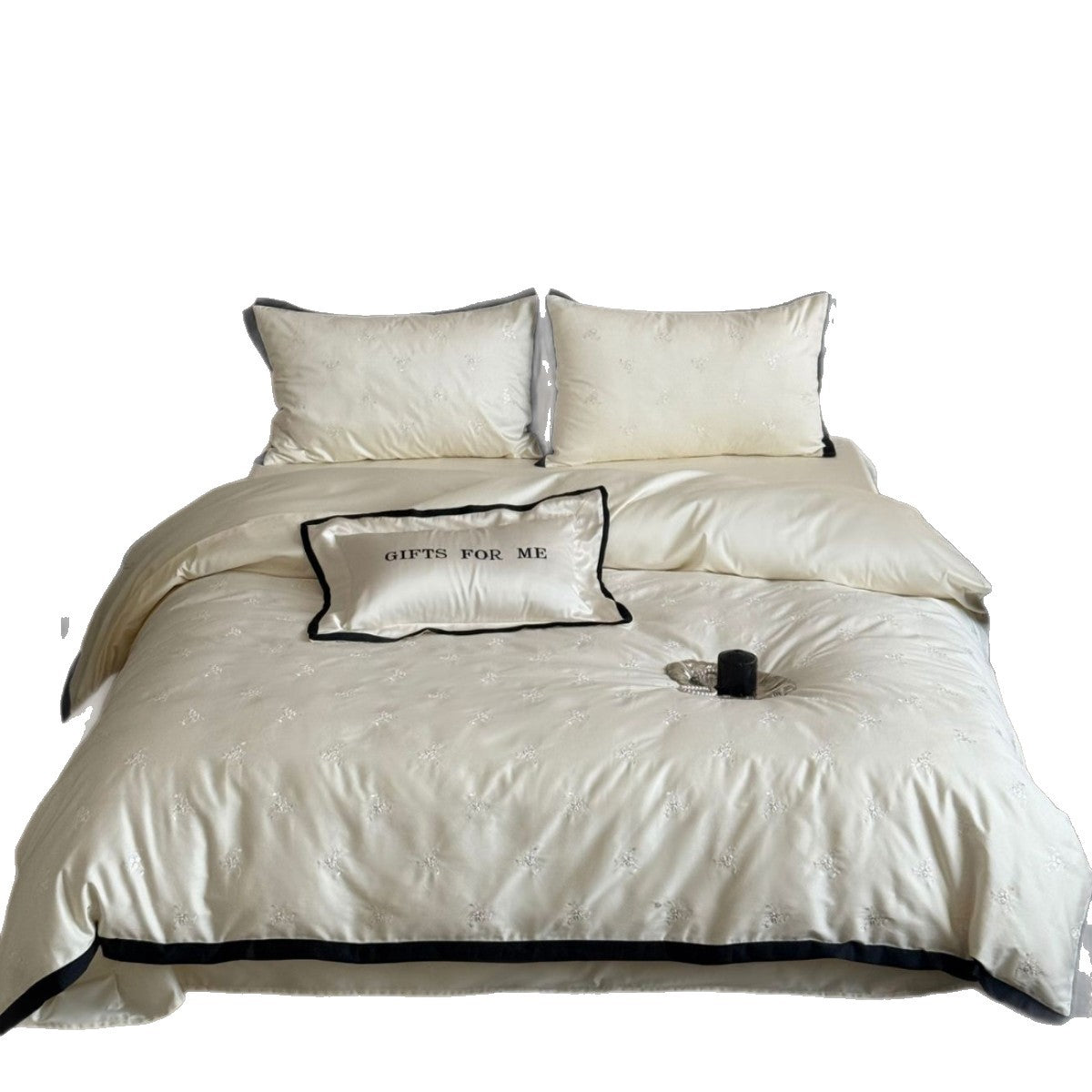 Cotton Sateen Bedding Set with Tone-on-Tone Floral Embroidery and Contrast Piping