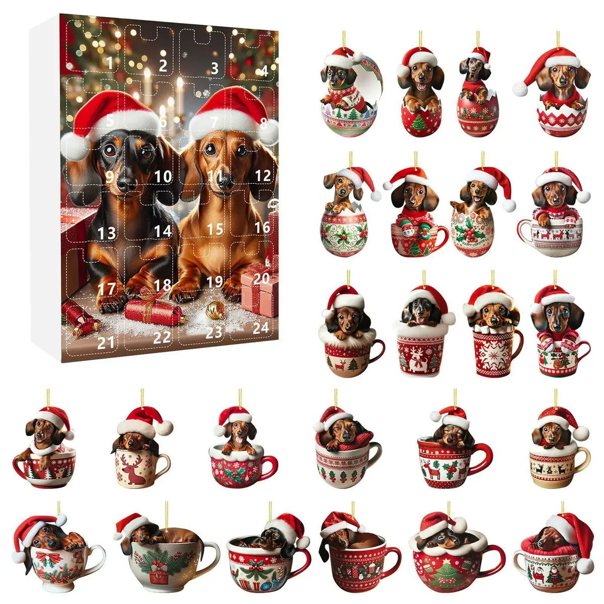 Dachshund-Themed Christmas Advent Calendar – 24-Day Countdown and Decorative Acrylic Design