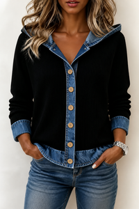 Denim Patchwork Hooded Cardigan