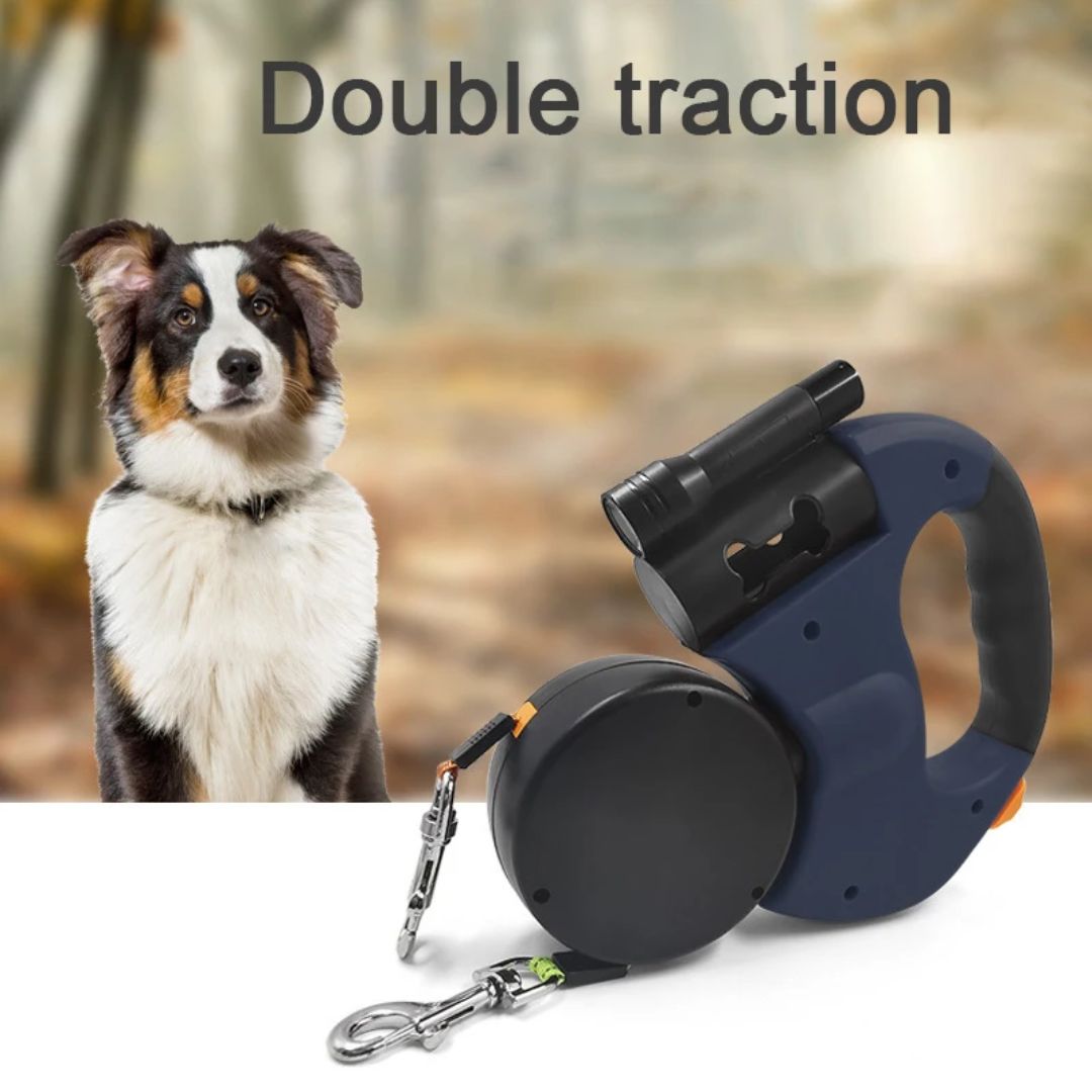 Double Dog Leash with Flashlight and Waste Bag Holder