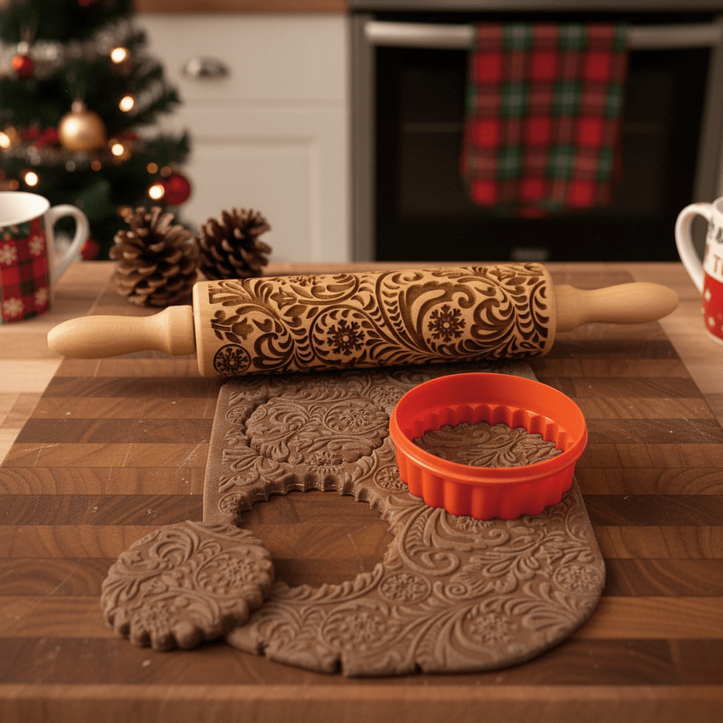 Embossed Wooden Rolling Pin for Christmas Cookies and Pastries