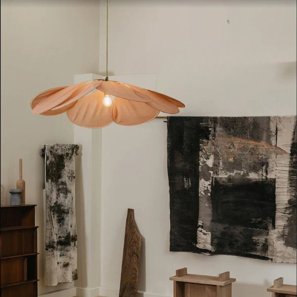 Floral Pendant Light with Warm Fabric Shade