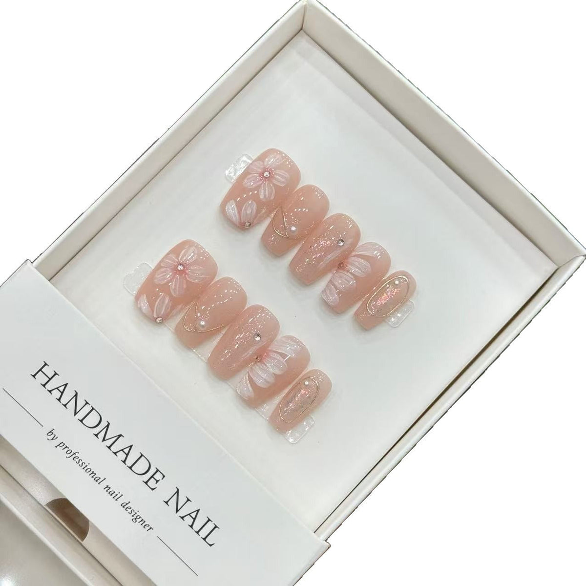 Handmade Decorative Press-On Nail Set with Floral Accents