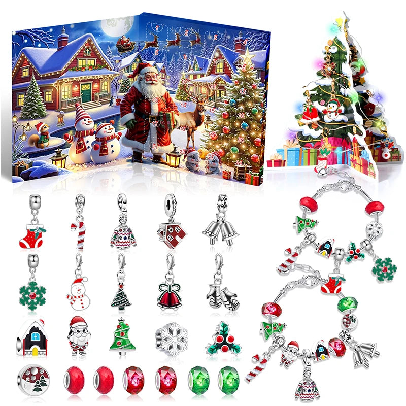 Kids' Christmas Countdown Bracelet 24-Day Advent Calendar with Colorful Crystals in a Gift Box