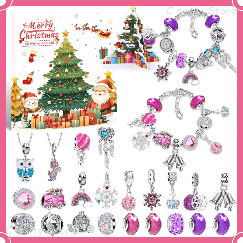 Kids' Christmas Countdown Bracelet 24-Day Advent Calendar with Colorful Crystals in a Gift Box