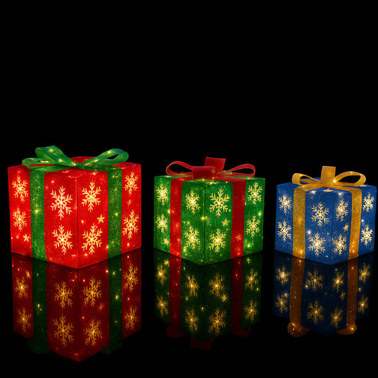 LED Gift Boxes, Multicolored - Set of 3 - Red, Green & Blue