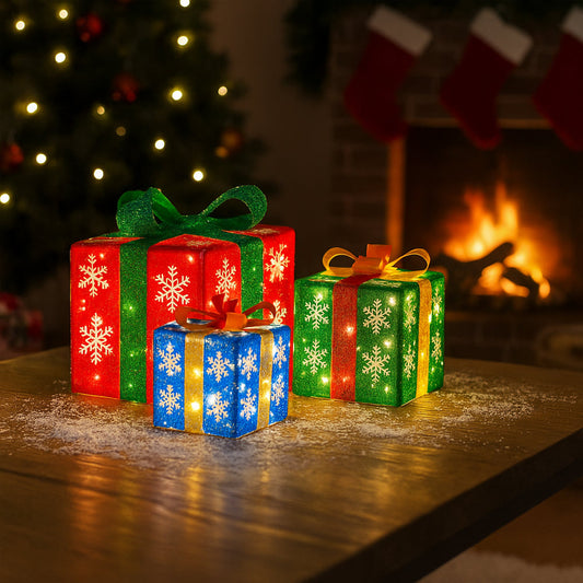 LED Gift Boxes, Multicolored - Set of 3 - Red, Green & Blue