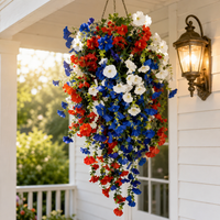 Liberty Bloom – Patriotic Hanging Flower Basket with LED Lights, Red White Blue Silk Blooms for July 4th Porch Decor
