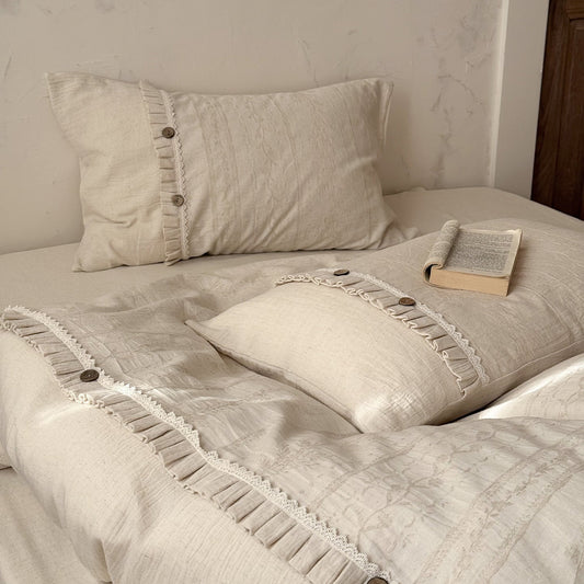 Linen-Look Bedding Set with Ruffles and Button Closure