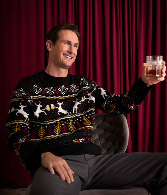 Men's Christmas Sweater with Deer, Beer Mugs, Trees and Snowflakes in Fluffy Knit
