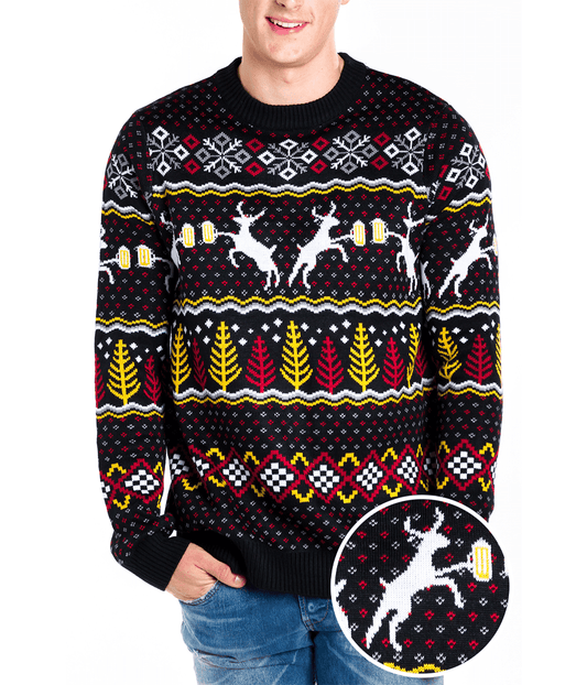 Men's Christmas Sweater with Deer, Beer Mugs, Trees and Snowflakes in Fluffy Knit