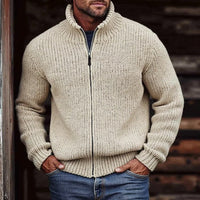 Men's Chunky Knit Cardigan with Stand-Up Collar and Full Zip
