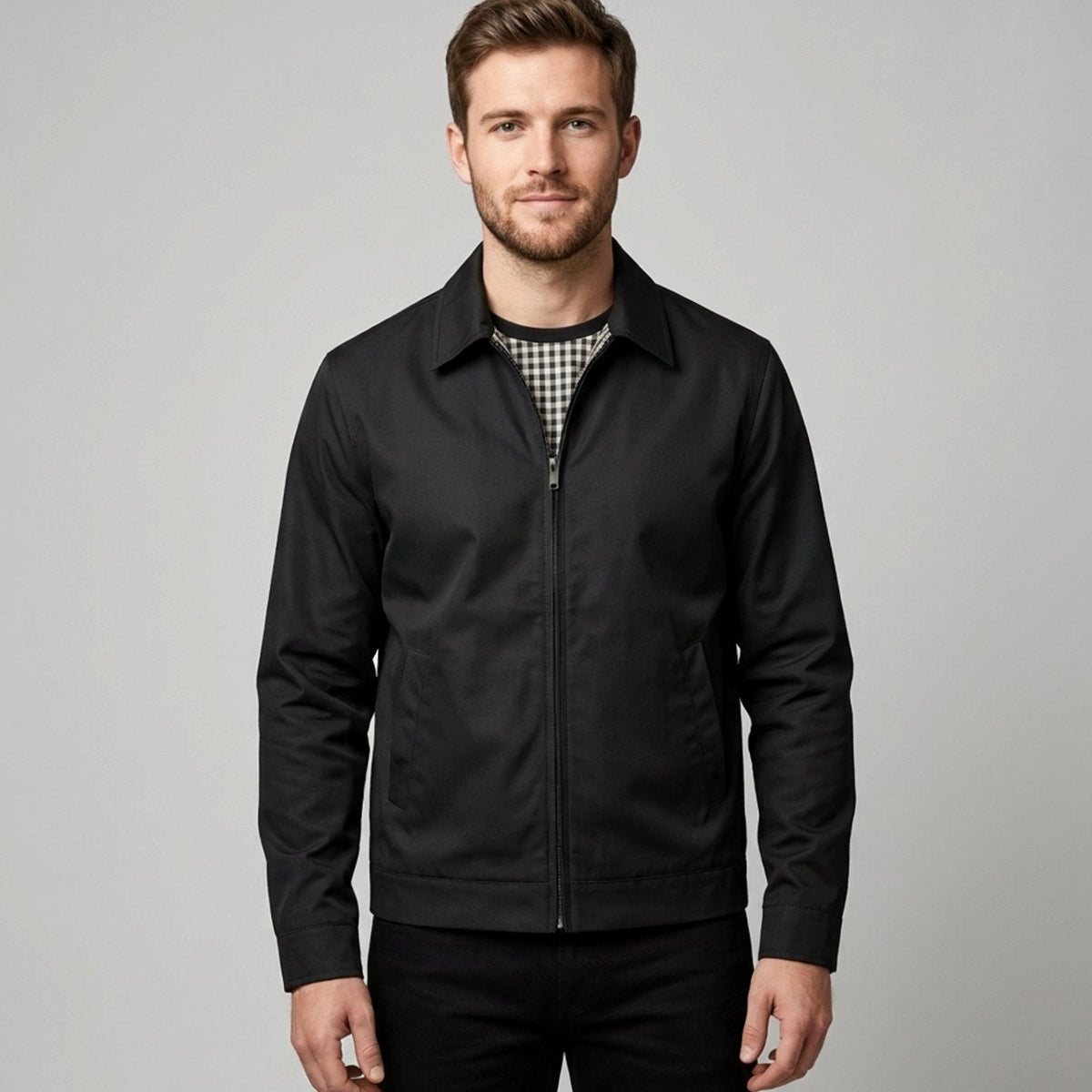 Men's Harrington Bomber Jacket with Shirt Collar and Checked Lining