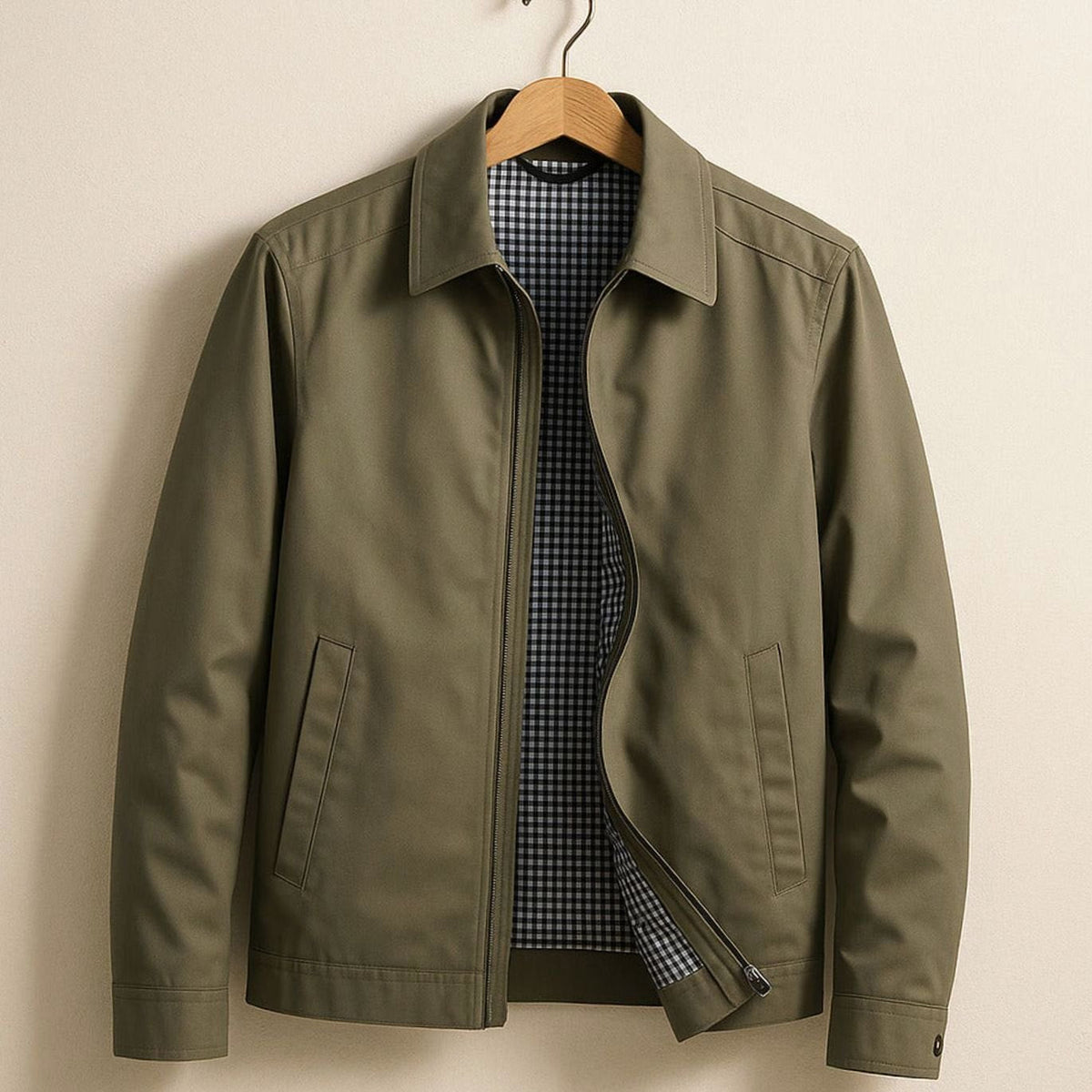 Men's Harrington Bomber Jacket with Shirt Collar and Checked Lining