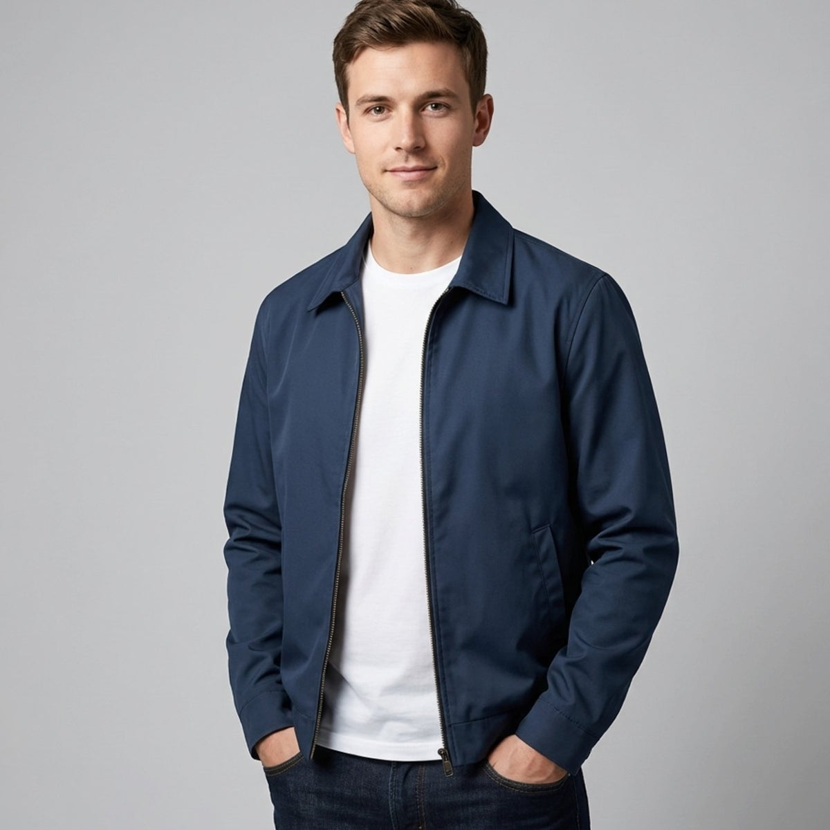 Men's Harrington Bomber Jacket with Shirt Collar and Checked Lining