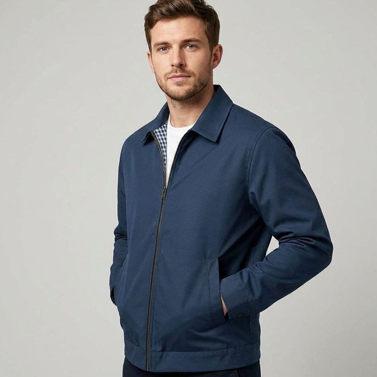 Men's Harrington Bomber Jacket with Shirt Collar and Checked Lining