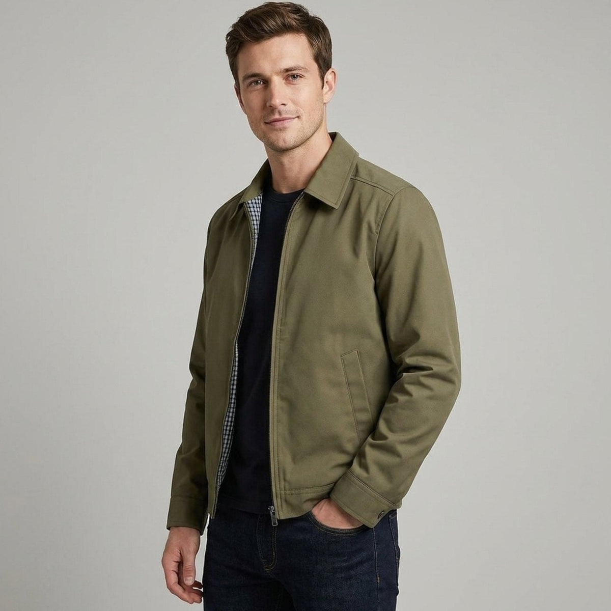 Men's Harrington Bomber Jacket with Shirt Collar and Checked Lining