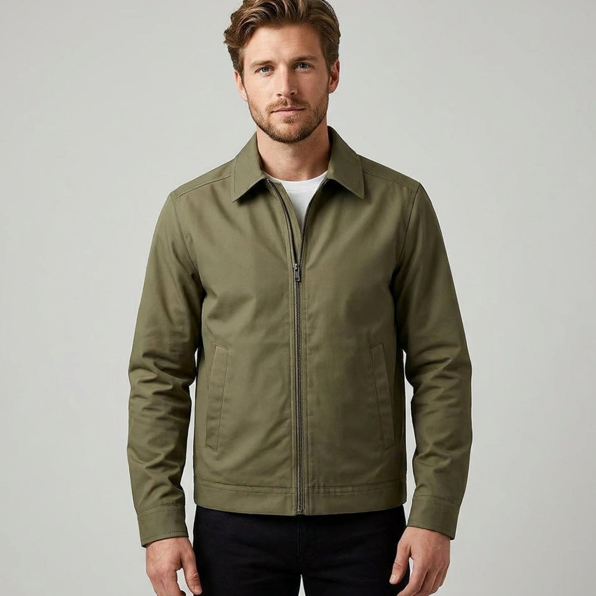 Men's Harrington Bomber Jacket with Shirt Collar and Checked Lining