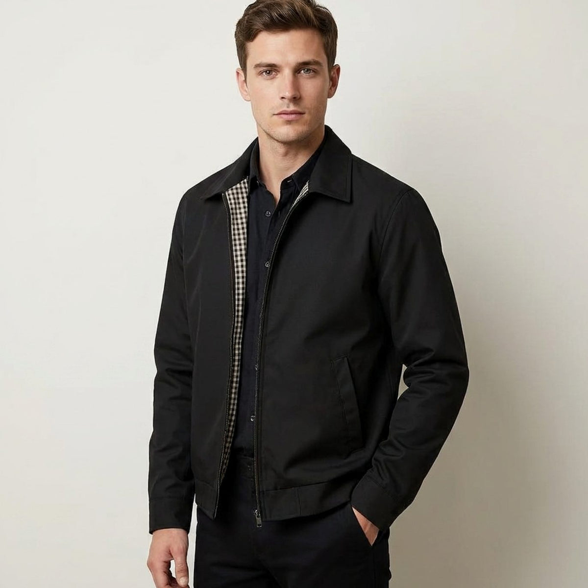 Men's Harrington Bomber Jacket with Shirt Collar and Checked Lining