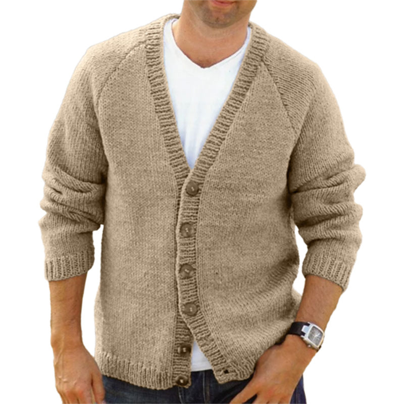 Men's Knit Cardigan with Deep V-Neck and Button Details